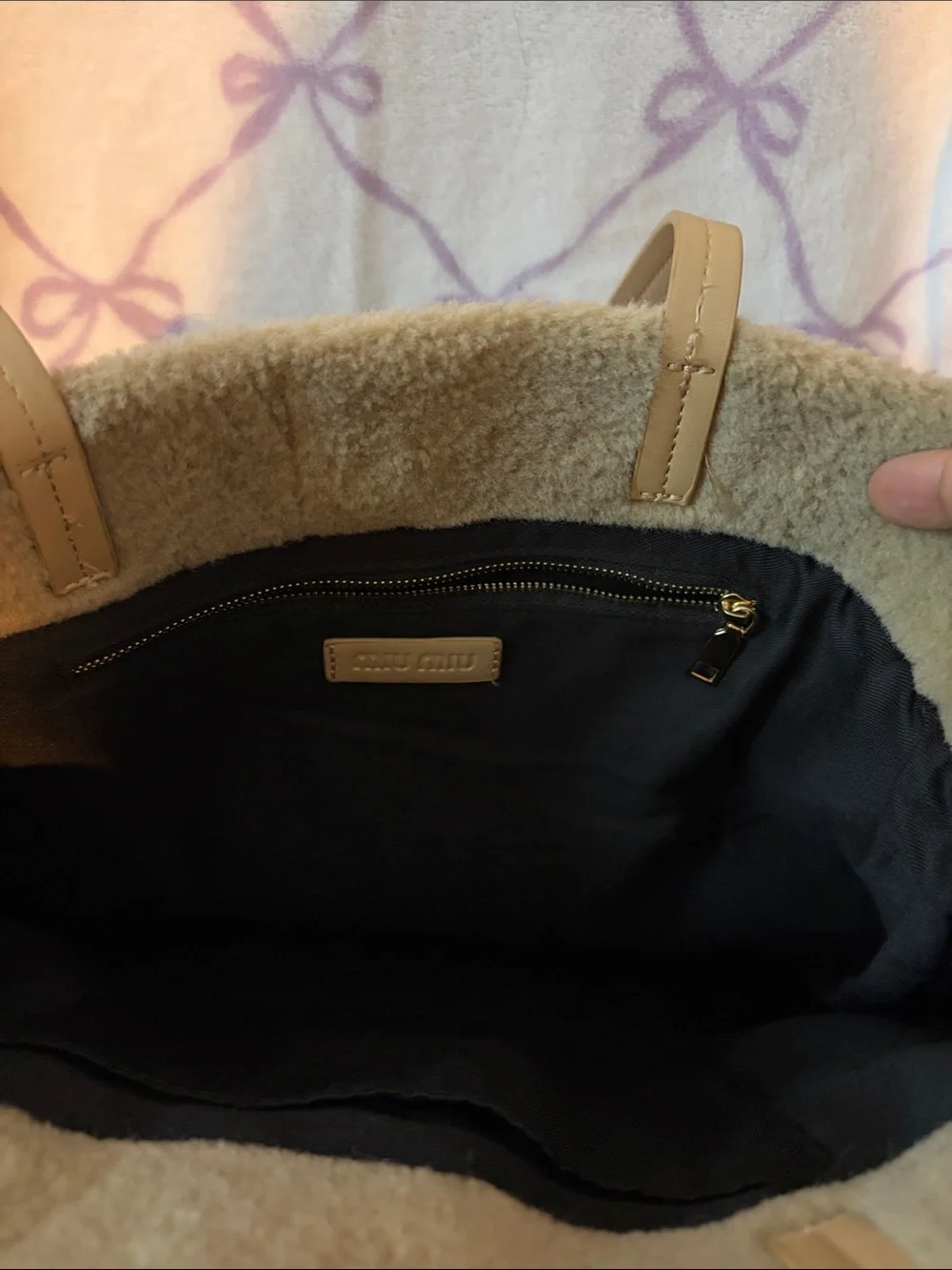 designer  Taupe Shearling Tote with Leather Straps